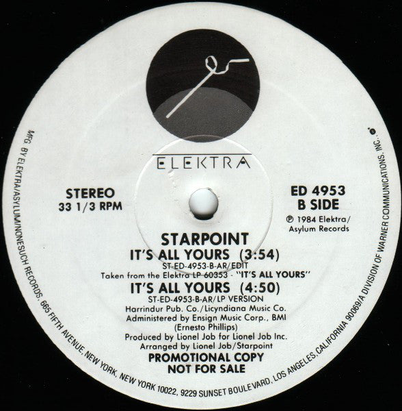 Starpoint : It's All Yours (12", Promo)