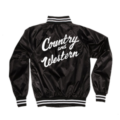 The iconic "Country & Western" Satin Tour Jackets by Vinyl Ranch. Unisex. Available in black & red. Features the Vinyl Ranch logo printed on the front.  Size Chart  Check out the full Country & Western Collection