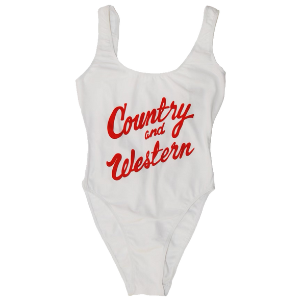 The iconic "Country & Western" bodysuit by Vinyl Ranch. Classic red graphic printed on a white bodysuit.