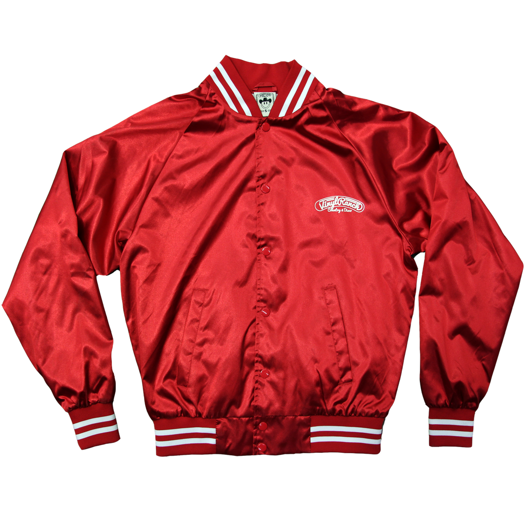 The iconic "Country & Western" Satin Tour Jackets by Vinyl Ranch. Unisex. Available in black & red. Features the Vinyl Ranch logo printed on the front.  Size Chart  Check out the full Country & Western Collection