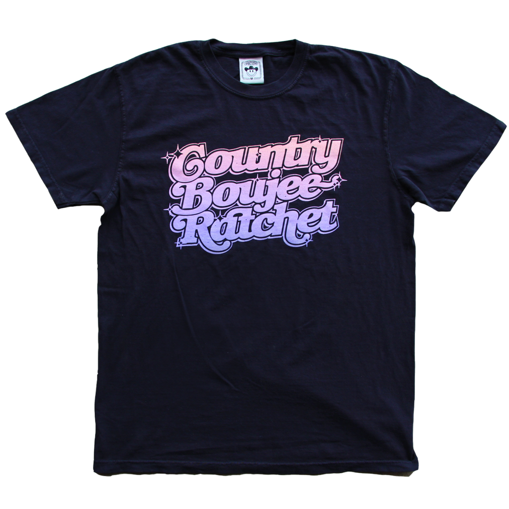 "Country Boujee Ratchet" by Vinyl Ranch printed on a classic black tee. Check out the full Rodeo Screwston Collection