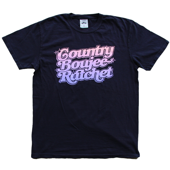 "Country Boujee Ratchet" by Vinyl Ranch printed on a classic black tee. Check out the full Rodeo Screwston Collection