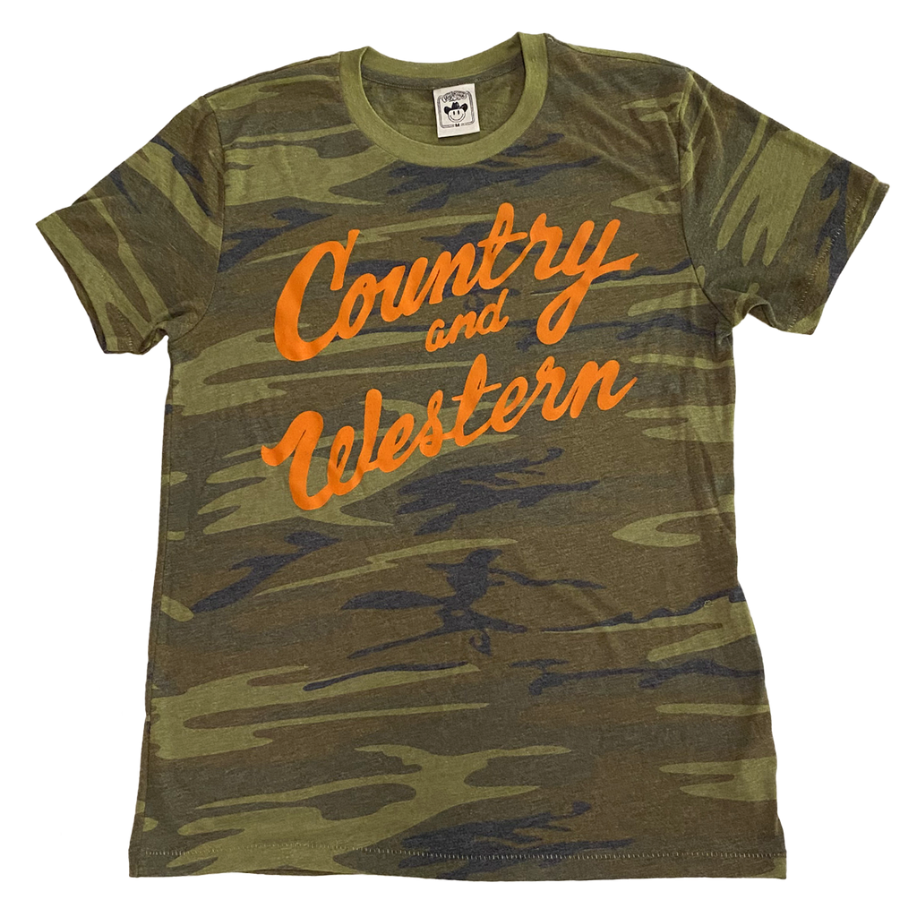 The iconic "Country & Western" design by Vinyl Ranch printed in orange on a premium camo tee.  Check out the full Country & Western Collection