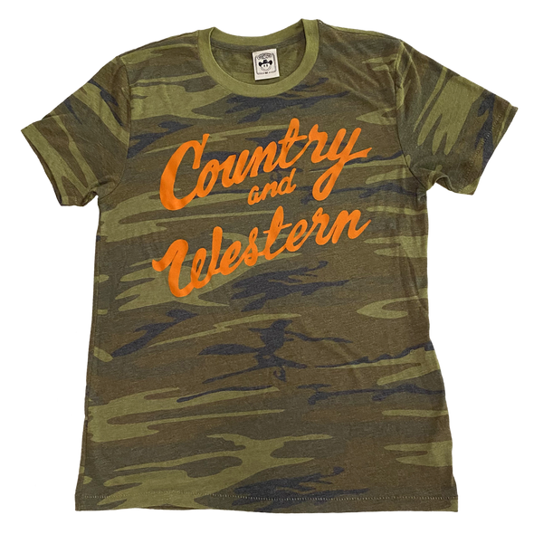 The iconic "Country & Western" design by Vinyl Ranch printed in orange on a premium camo tee.  Check out the full Country & Western Collection