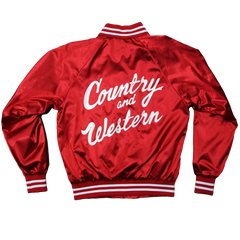 The iconic "Country & Western" Satin Tour Jackets by Vinyl Ranch. Unisex. Available in black & red. Features the Vinyl Ranch logo printed on the front.  Size Chart  Check out the full Country & Western Collection