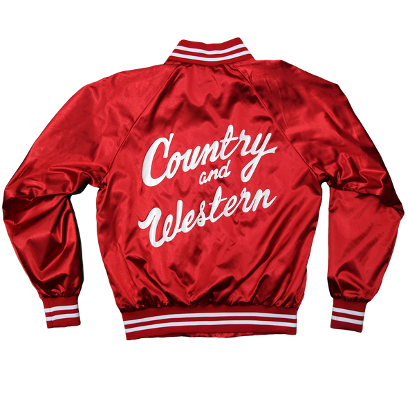 The iconic "Country & Western" Satin Tour Jackets by Vinyl Ranch. Unisex. Available in black & red. Features the Vinyl Ranch logo printed on the front.  Size Chart  Check out the full Country & Western Collection