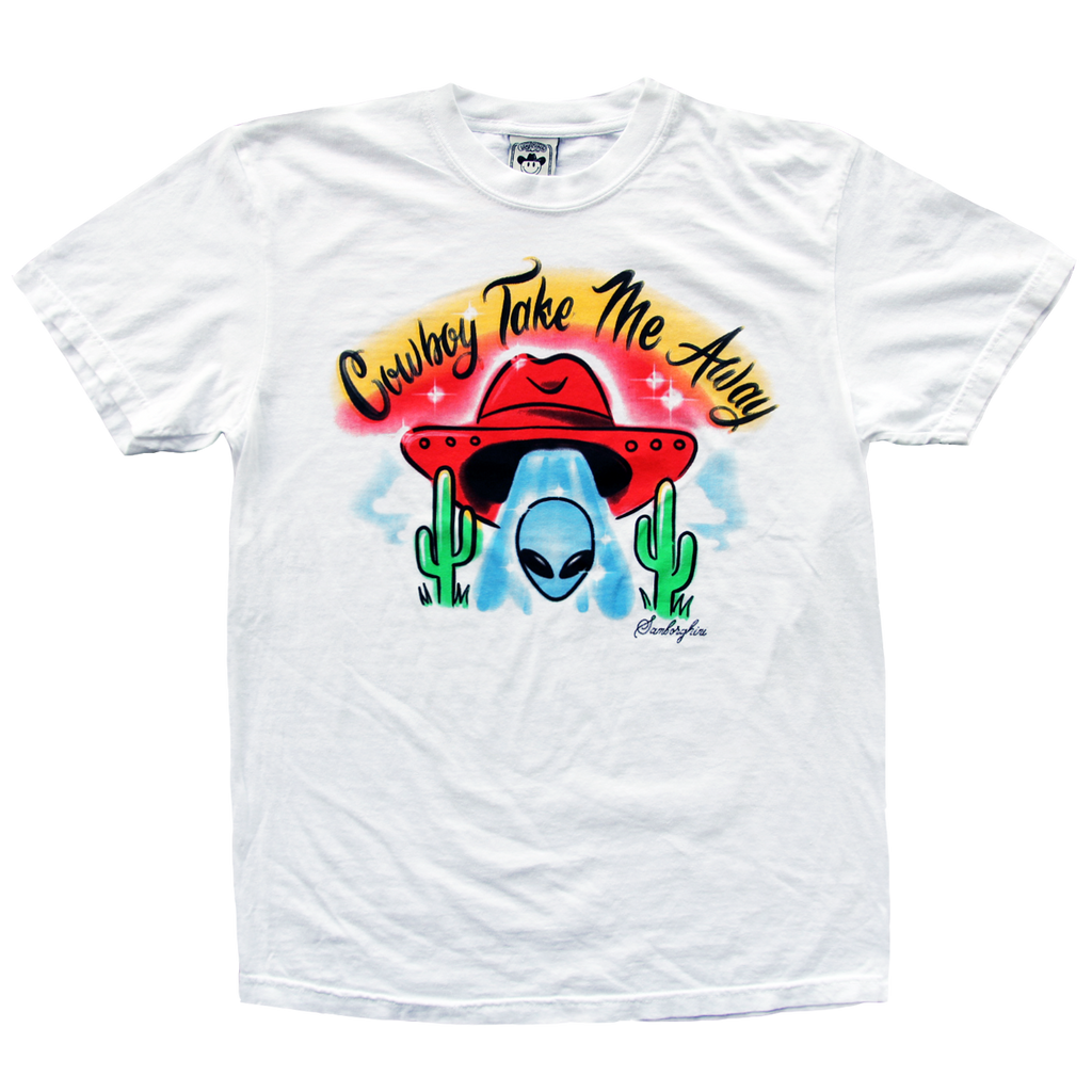 "Cowboy Take Me Away" is a Samborghini x Vinyl Ranch collab featuring a 4 color airbrush design on a premium white tee.