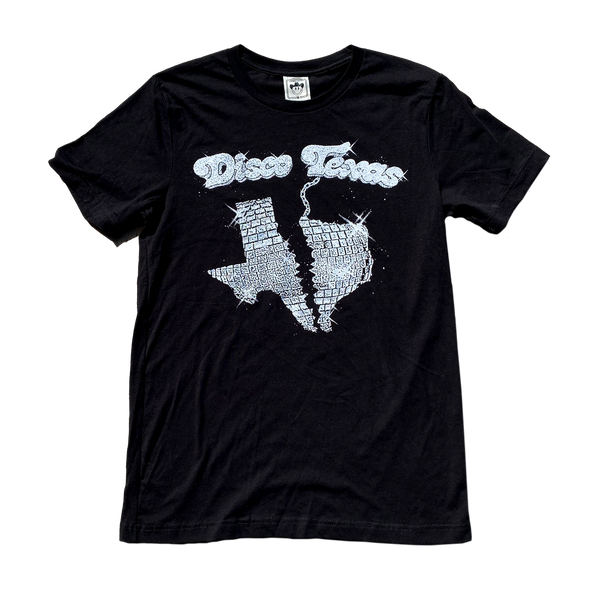 "Disco Texas" by Vinyl Ranch features a metallic silver and white design on a classic black tee. Check out the full Disko Cowboy Collection