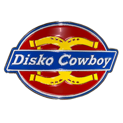 "Diskies" is a 3.5" X 2.25" enamel belt buckle by Vinyl Ranch.  Check out the full Disko Cowboy Collection