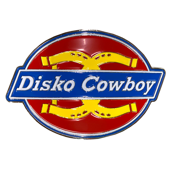 "Diskies" is a 3.5" X 2.25" enamel belt buckle by Vinyl Ranch.  Check out the full Disko Cowboy Collection