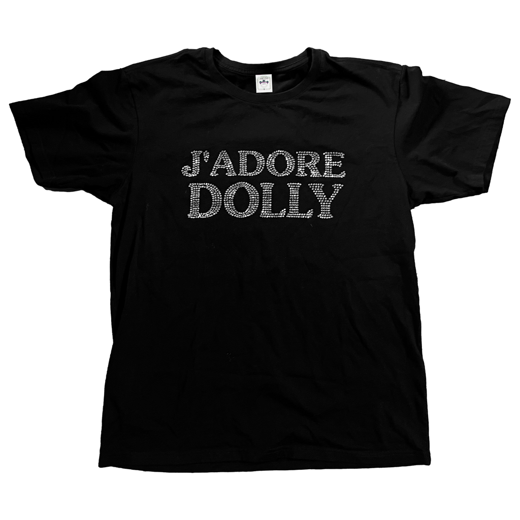 J'ADORE DOLLY is the most beautiful rhinestone tee printed on a classic black unisex tee.