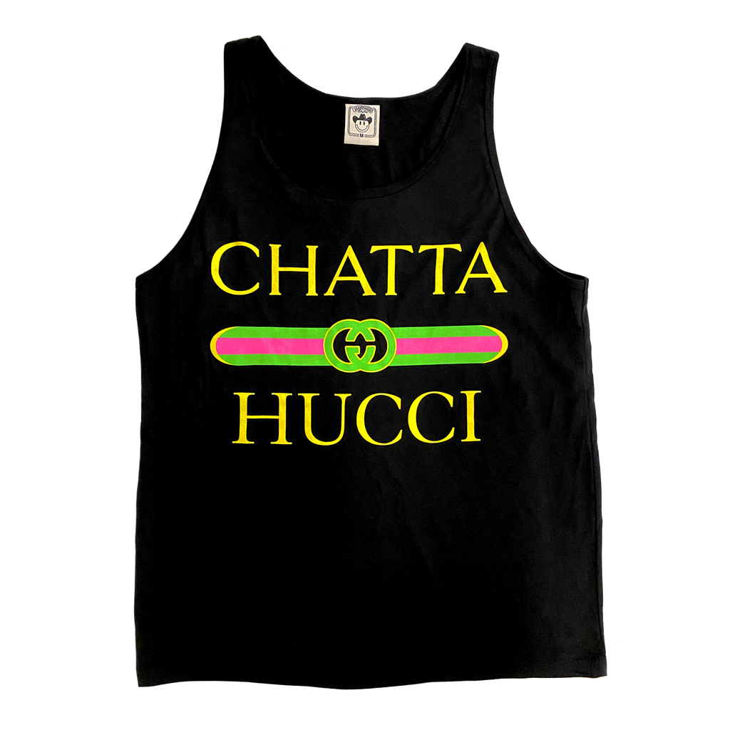 The "Chattaneon Unisex Tank" by Vinyl Ranch features a neon-toned 3 color design on a unisex black tank top. Check out the full Chattahucci Collection