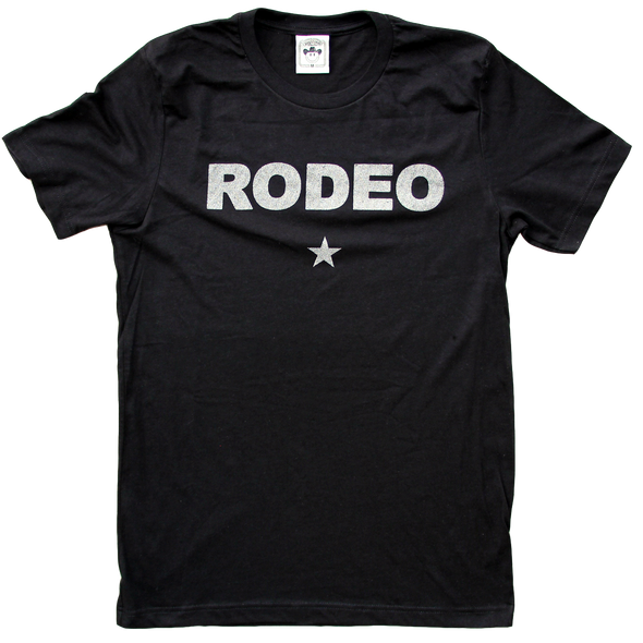 "Rodeo Zero" by Vinyl Ranch features a metallic silver graphic printed on a classic black tee.