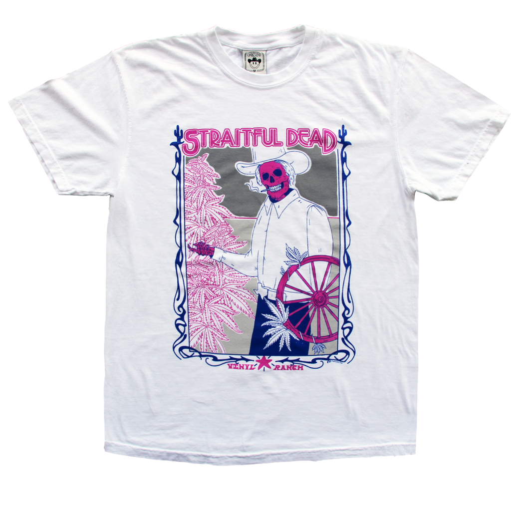 "Straitful Dead Summer Daze" by Vinyl Ranch is a limited edition, 4 color design printed on a classic white tee.