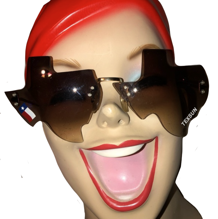 "Texsunglasses" by Vinyl Ranch are a classic aviator style pair of sunglasses cut into the shape of the Lone Star State, and featuring two custom Vinyl Ranch stickers on the lenses. Total Dimensions: 5" x 2.75" x 6.5".