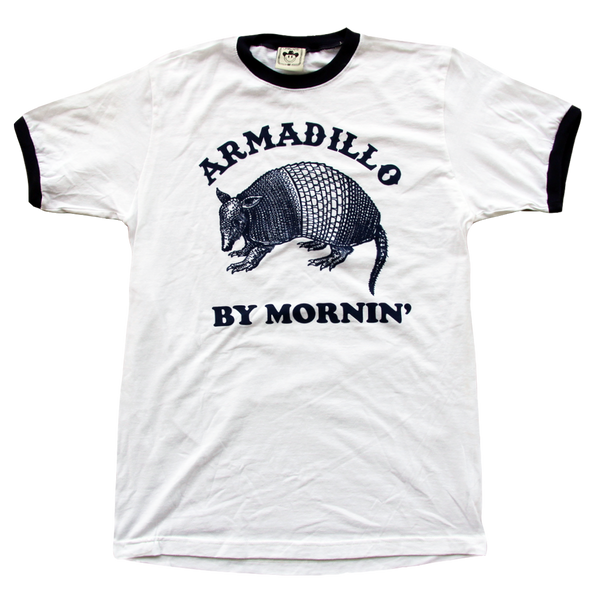 "Armadillo By Mornin'" printed on a navy & white ringer tee by Vinyl Ranch.