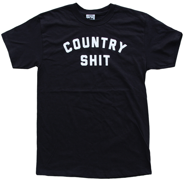 The infamous "Country Shit" design by Vinyl Ranch printed on a classic black tee.