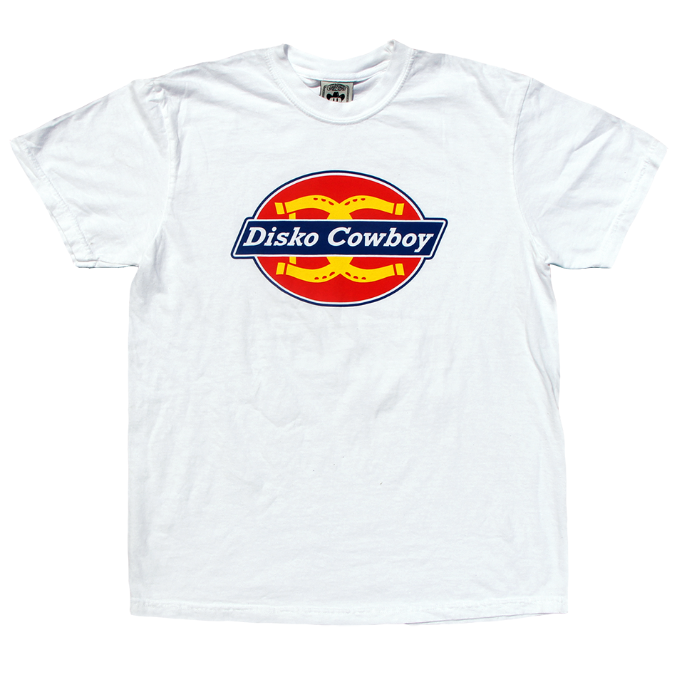 "Diskies" by Vinyl Ranch is a 4 color design printed on a pre-shrunk, classic white tee. Check out the full Disko Cowboy Collection