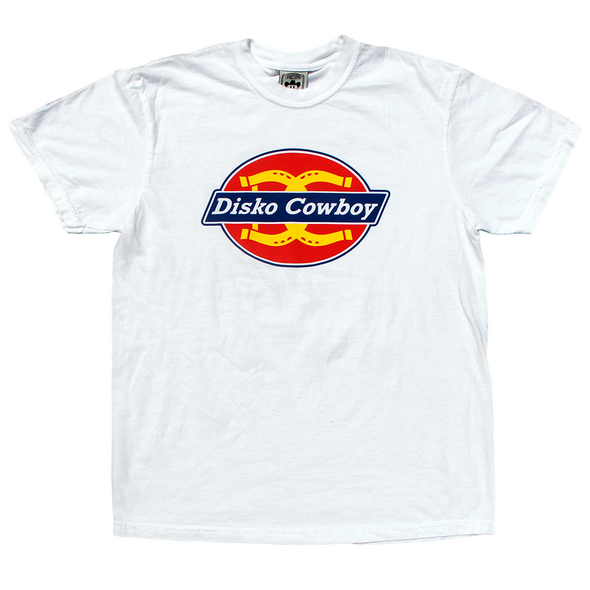 "Diskies"  by Vinyl Ranch is a 4 color design printed on a pre-shrunk, classic white tee.  Check out the full Disko Cowboy Collection