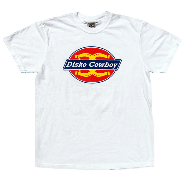 "Diskies" by Vinyl Ranch is a 4 color design printed on a pre-shrunk, classic white tee. Check out the full Disko Cowboy Collection
