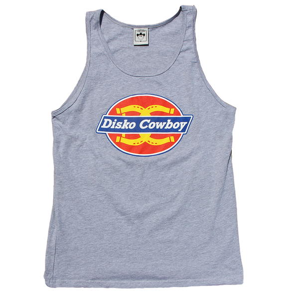 "Diskies" by Vinyl Ranch is a 4 color design printed on a heather gray tank top. (90% combed ringspun cotton/10% poly) Check out the full Disko Cowboy Collection