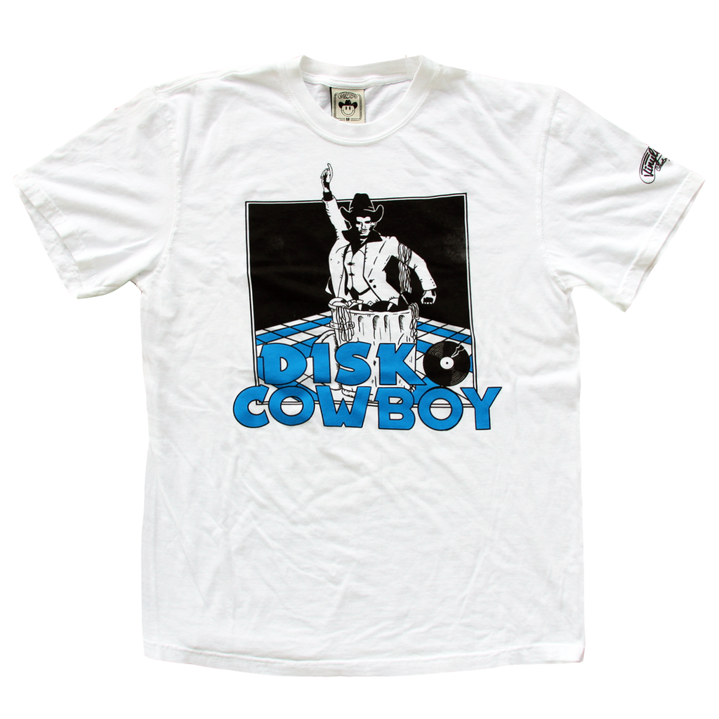 "Disko Trash" by Vinyl Ranch features a 2 color design printed on a classic white tee. Check out the full Disko Cowboy Collection