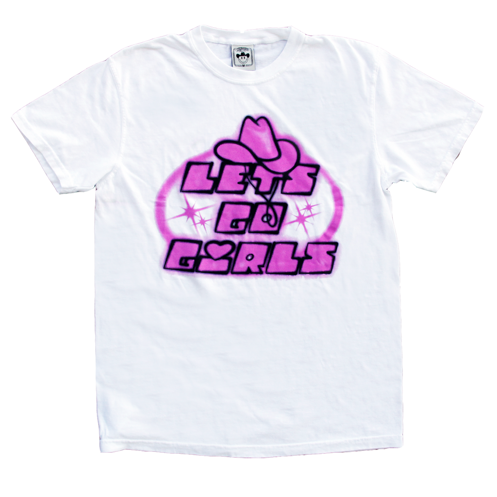 "Let's Go Girls" is a Samborghini x Vinyl Ranch collab featuring an airbrush style graphic in 2 colors printed on a classic white tee.
