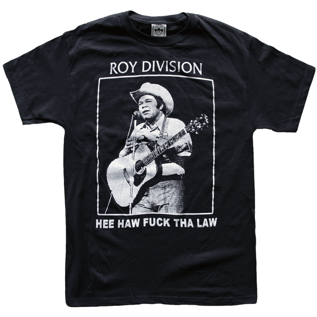 "Roy Division Hee Haw" by Vinyl Ranch is a remixed graphic in white printed on a classic black tee.