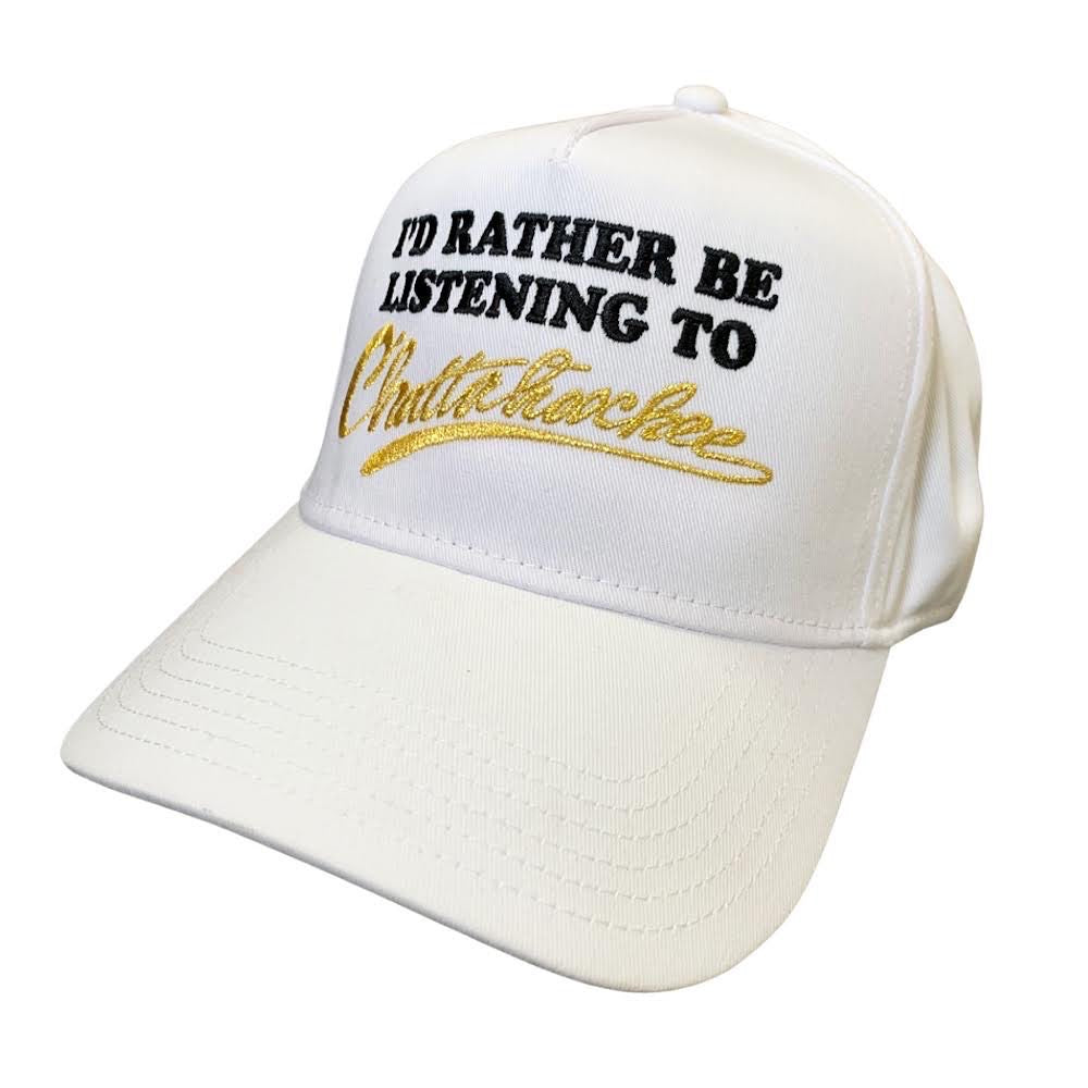 "I'd Rather Be Listening To Chattahoochee" features a black & metallic gold embroidered design by Vinyl Ranch. Printed on a traditional white snapback.