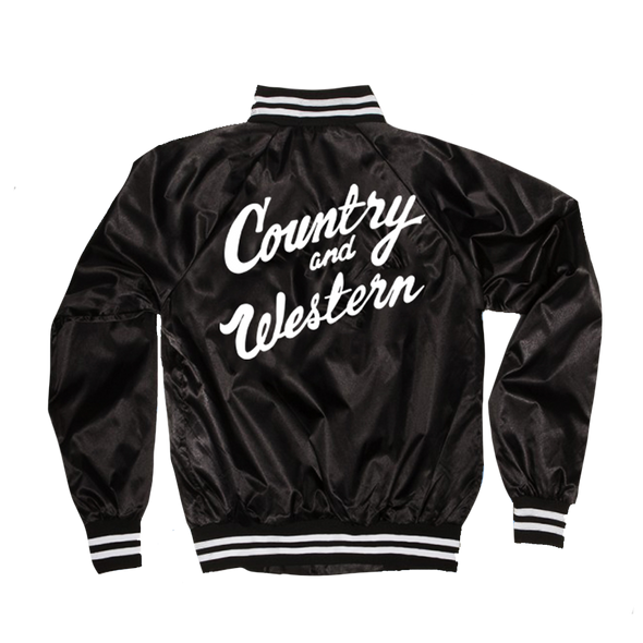 The iconic "Country & Western" Satin Tour Jackets by Vinyl Ranch. Unisex. Available in black & red. Features the Vinyl Ranch logo printed on the front.  Size Chart  Check out the full Country & Western Collection