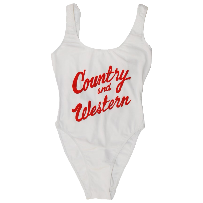 The iconic "Country & Western" bodysuit by Vinyl Ranch. Classic red graphic printed on a white bodysuit.