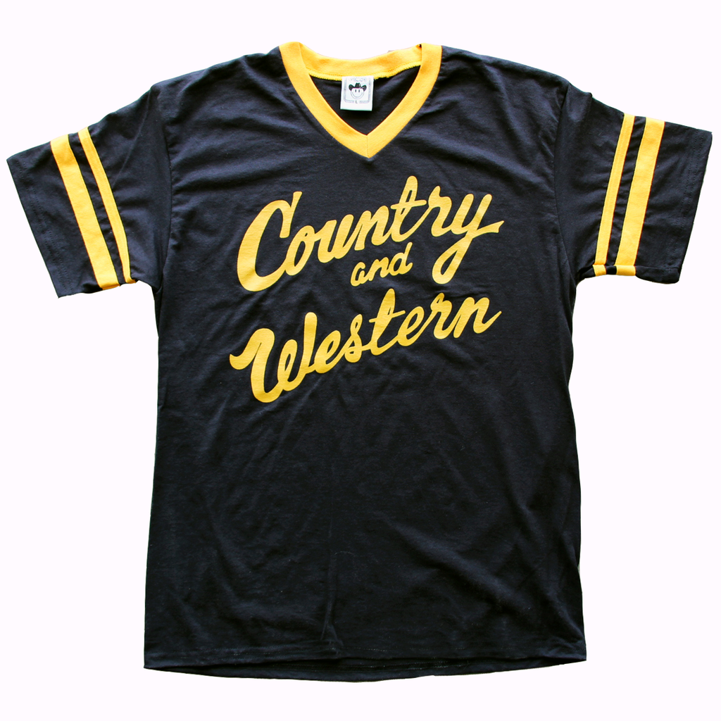 The iconic "Country & Western" design by Vinyl Ranch printed on a premium black & gold striped jersey tee. Check out the Country & Western Collection