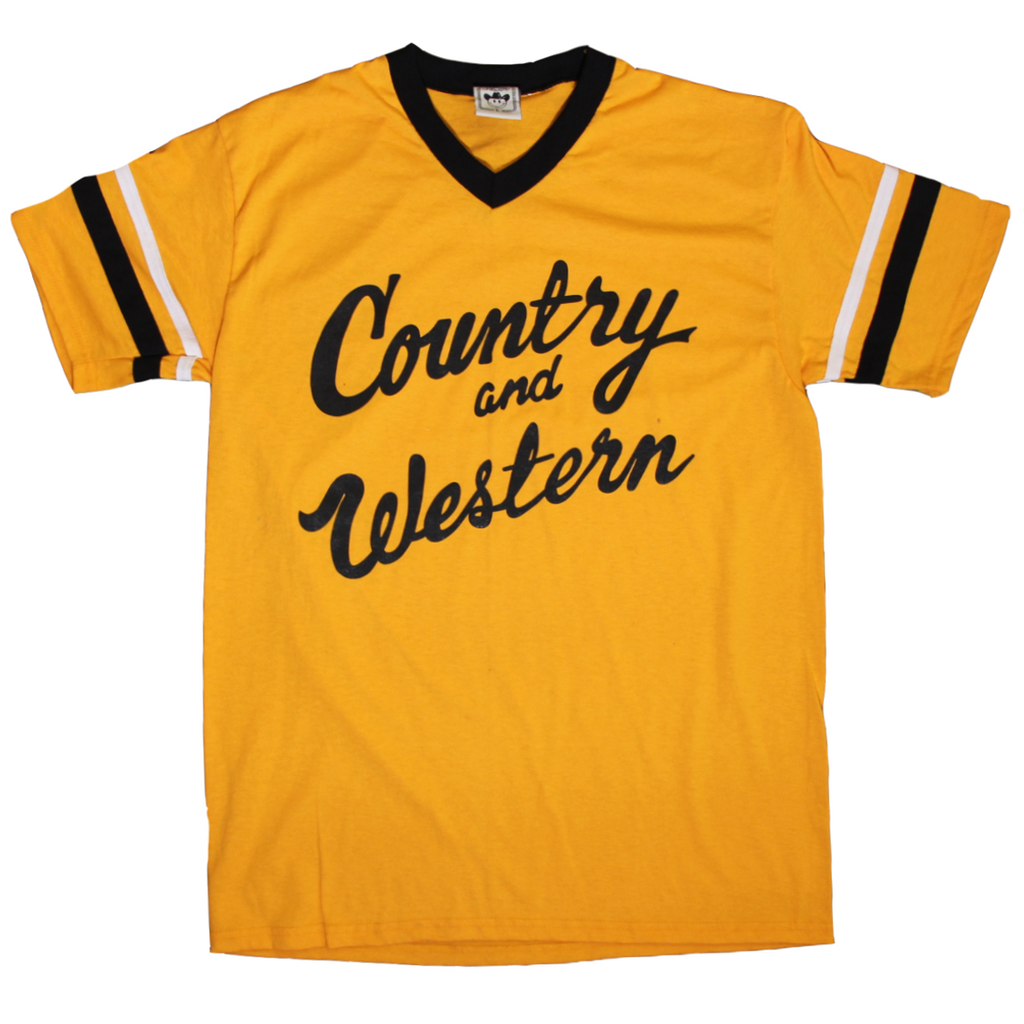 The iconic "Country & Western" design by Vinyl Ranch printed on a premium gold, black, & white jersey tee. Check out the full Country & Western Collection