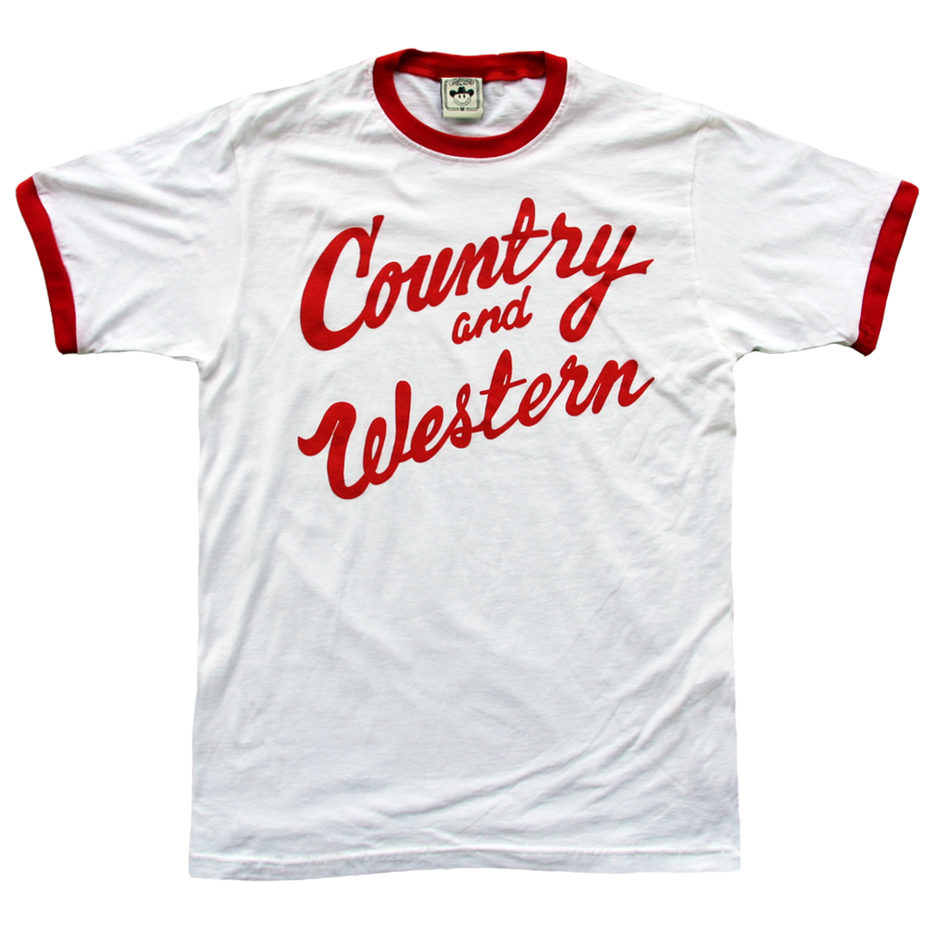 The iconic "Country & Western" red and white ringer tee by Vinyl Ranch. Check out the full Country & Western Collection