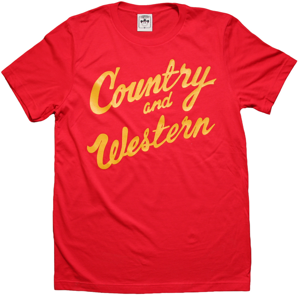 The iconic "Country & Western" design by Vinyl Ranch printed in yellow on a classic red tee.  Check out the full Country & Western Collection