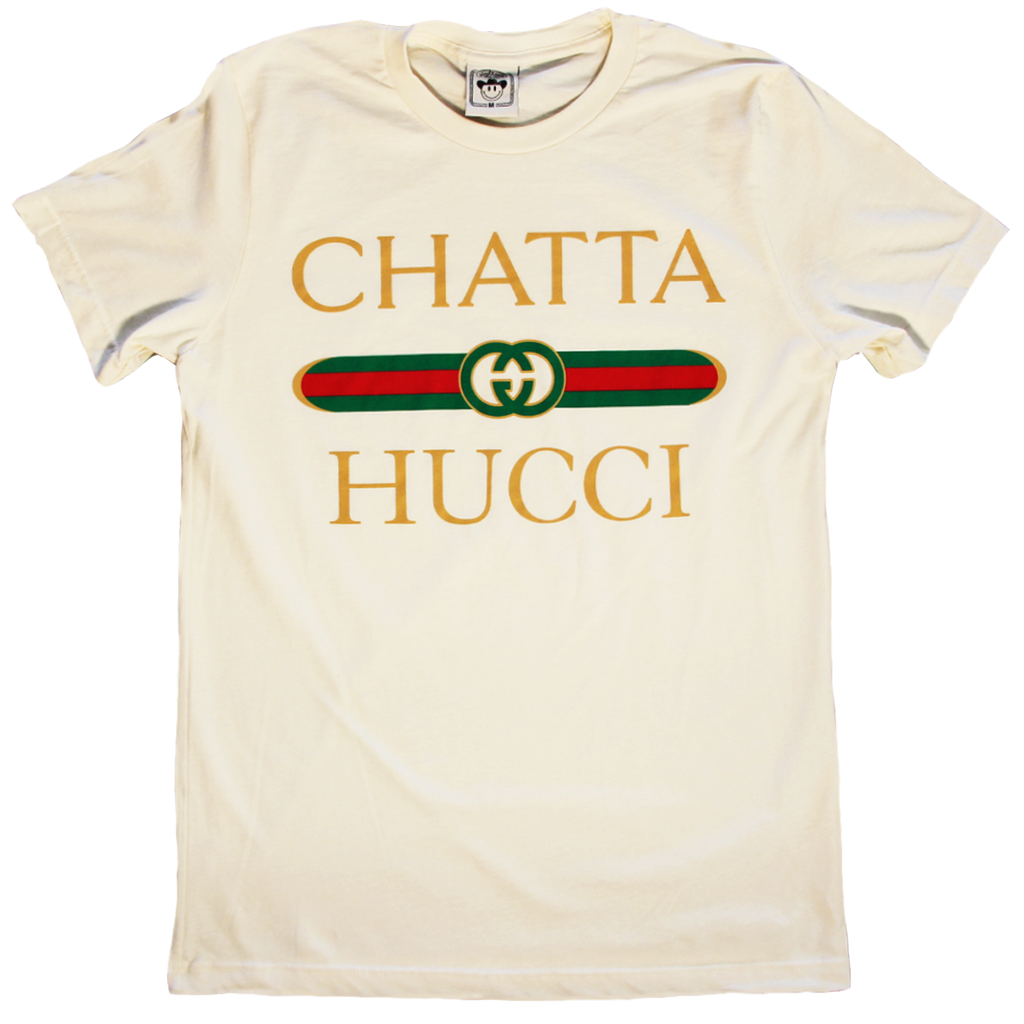 The classic "Chattahucci Cream Unisex Tee" by Vinyl Ranch. Check out the full Chattahucci Collection