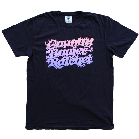 "Country Boujee Ratchet" by Vinyl Ranch printed on a classic black tee.   Check out the full Rodeo Screwston Collection