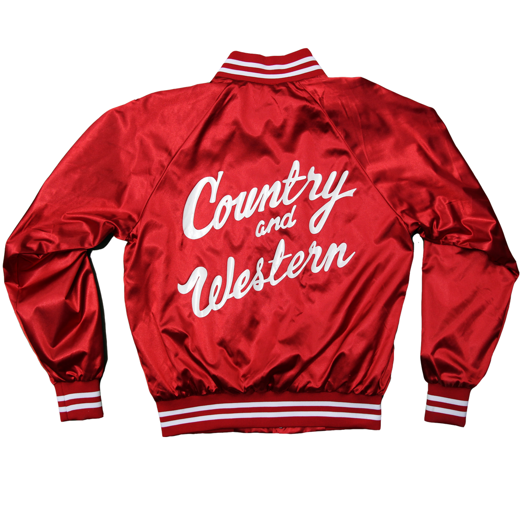 The iconic "Country & Western" Satin Tour Jackets by Vinyl Ranch. Unisex. Available in black & red. Features the Vinyl Ranch logo printed on the front.  Size Chart  Check out the full Country & Western Collection