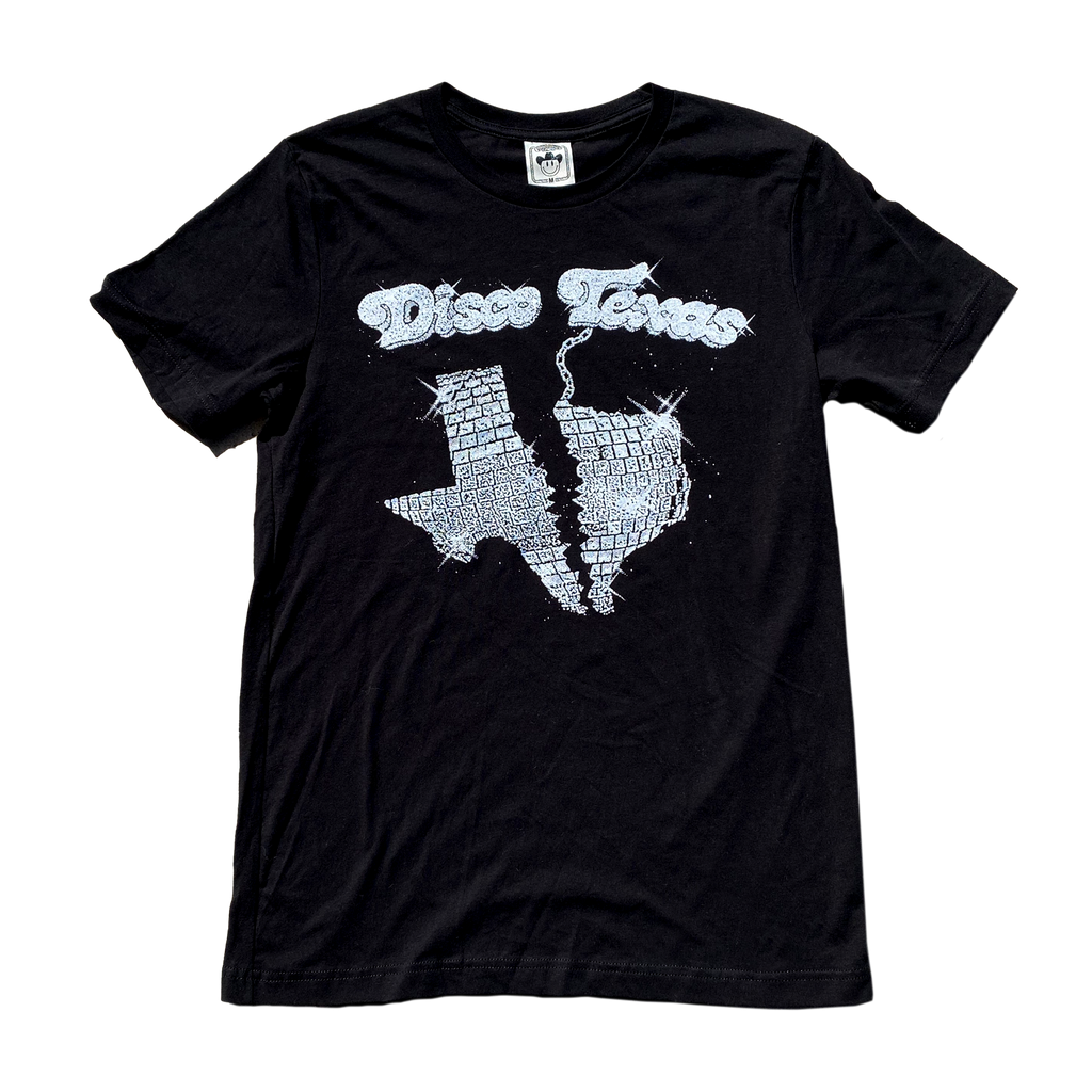 "Disco Texas" by Vinyl Ranch features a metallic silver and white design on a classic black tee.  Check out the full Disko Cowboy Collection
