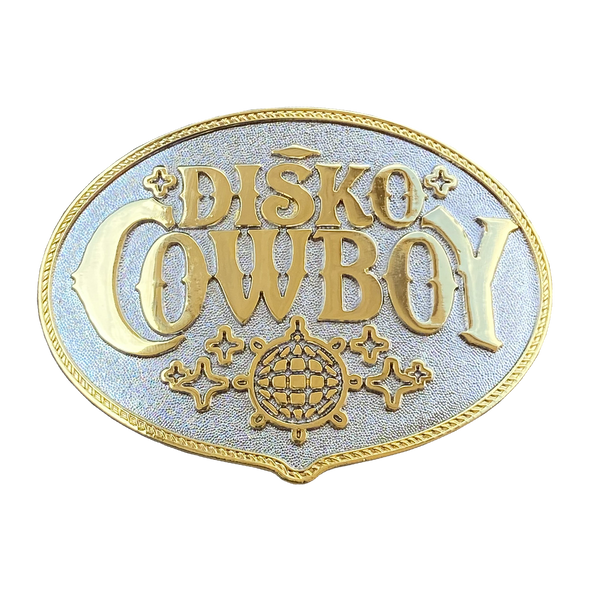 "Disko Cowboy Belt Buckle" is a mixed metal, high-quality standard belt buckle by Vinyl Ranch. Check out the full Disko Cowboy Collection