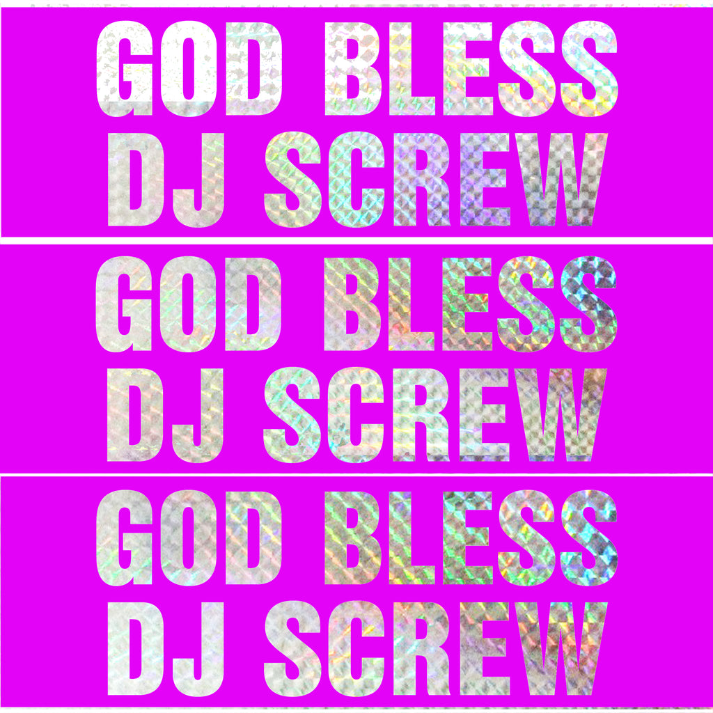 "God Bless Screw" is a purple sticker with reflective holographic lettering by Vinyl Ranch. Traditional bumper sticker size. 8.5" X 2.75".