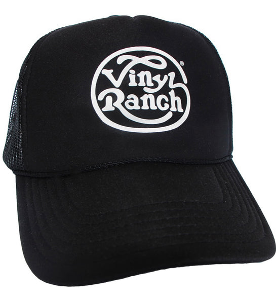 Vinyl Ranch logo printed in white on a traditional black foam trucker cap