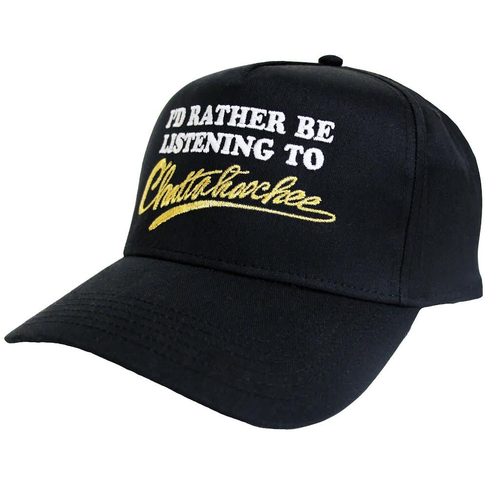 "I'd Rather Be Listening To Chattahoochee" features a white & metallic gold embroidered design by Vinyl Ranch. Printed on a traditional black snapback.
