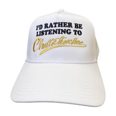 "I'd Rather Be Listening To Chattahoochee" features a black & metallic gold embroidered design by Vinyl Ranch. Printed on a traditional white snapback.