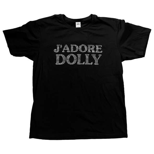 J'ADORE DOLLY is the most beautiful rhinestone tee printed on a classic black unisex tee.