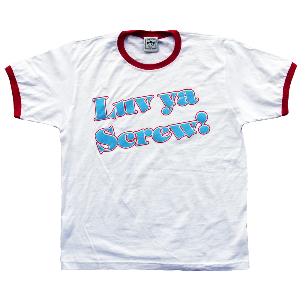 "Luv Ya Screw" by Vinyl Ranch is an homage to H-Town featuring a 2 color graphic printed on a classic red & white ringer tee.