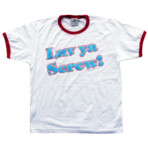 "Luv Ya Screw" by Vinyl Ranch is an homage to H-Town featuring a 2 color graphic printed on a classic red & white ringer tee.