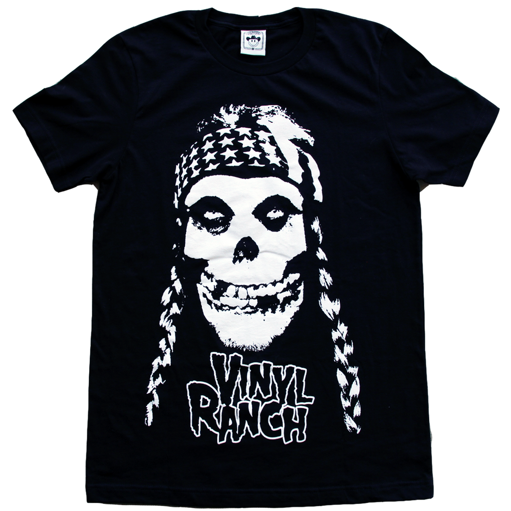 "Misfit Country" by Vinyl Ranch features a remixed graphic printed in white on a classic black tee.
