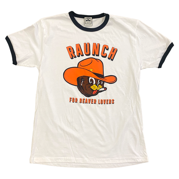 "Vinyl Raunch Official Ringer" is the official tee for beaver lovers! Featuring a 4 color design printed on a classic cream & black ringer tee.  Check out Vinyl Raunch
