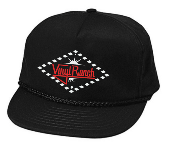 "Vinyl Ranch Diamonds" is a vintage-inspired design printed in white and red on a classic black cap. Designed by Taylor Rushing of Not Bad Illustration.